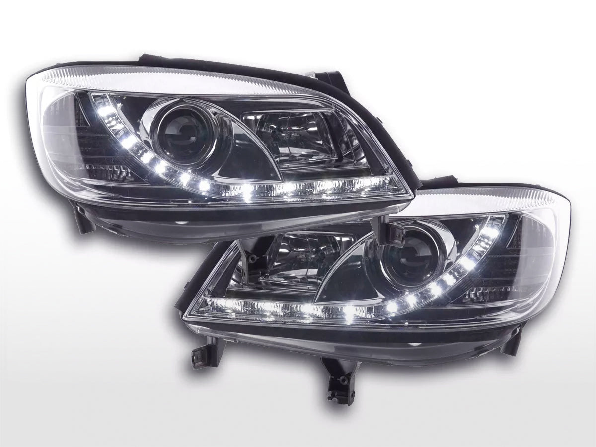 Scheinwerfer Set Daylight LED Tagfahrlicht Peugeot 206 Typ S16 98- chrom Scheinwerfer Set Daylight LED Tagfahrlicht Peugeot 206 Typ S16 98- chrom
